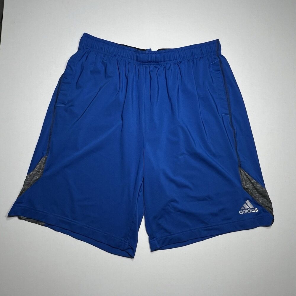 Adidas Lightweight Elastic Waist Athletic Shorts Gray Trimmed Blue Size XL